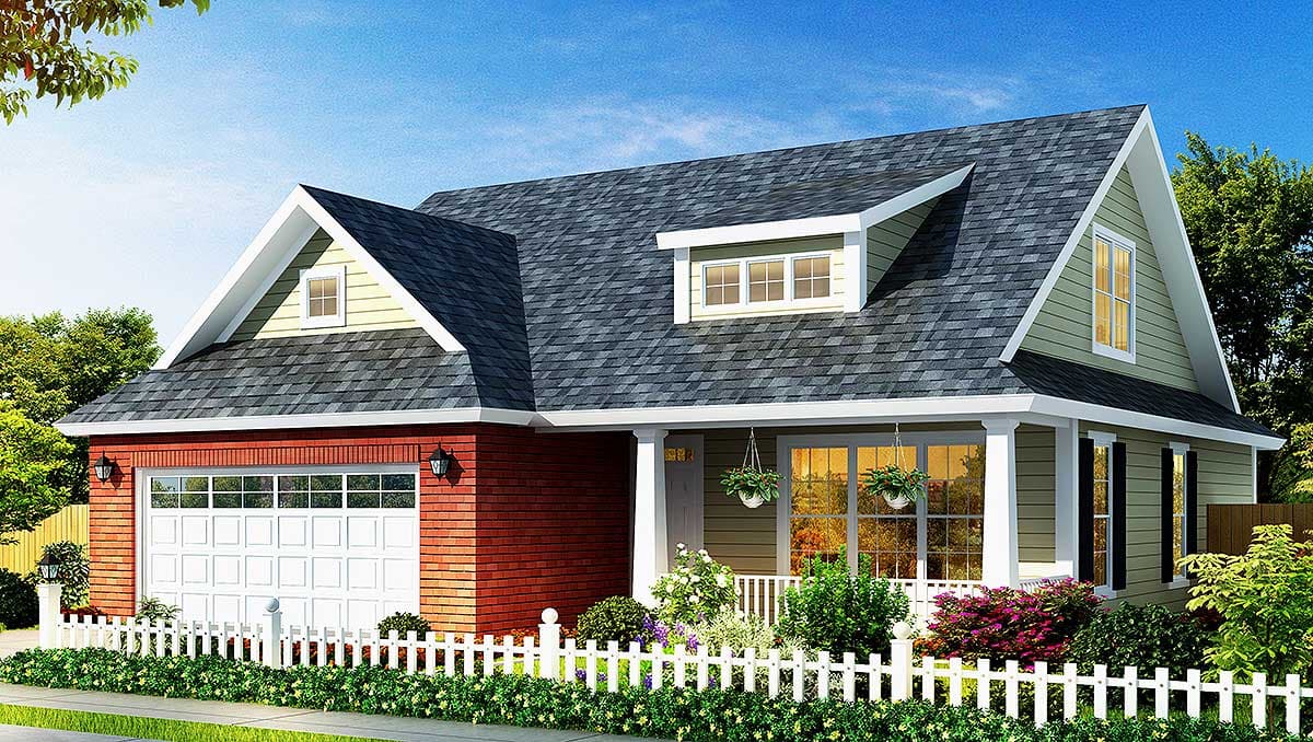 House plan exterior with Craftsman style. Features a front-facing gable, dormers, and a brick garage. Includes a porch with white columns.