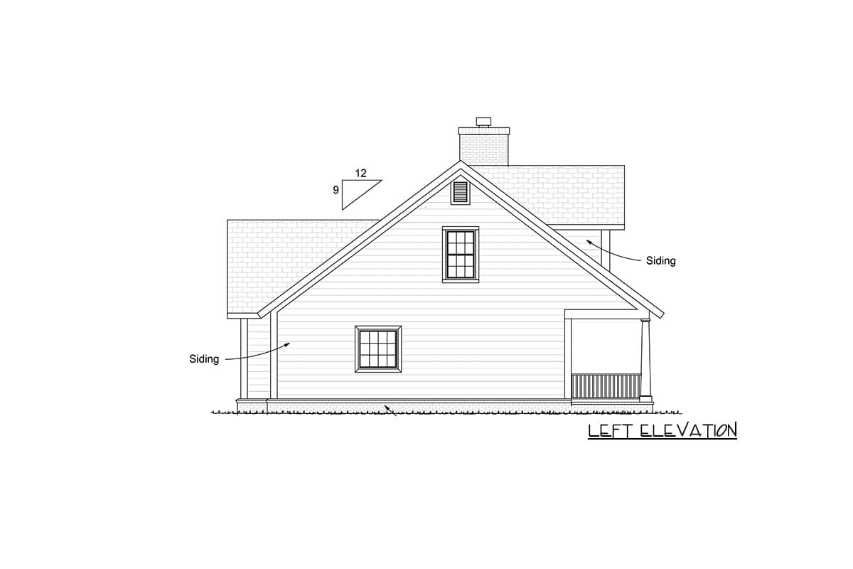 Left elevation drawing of a house plan featuring siding, dormer window, gable roof, and covered porch with railings.