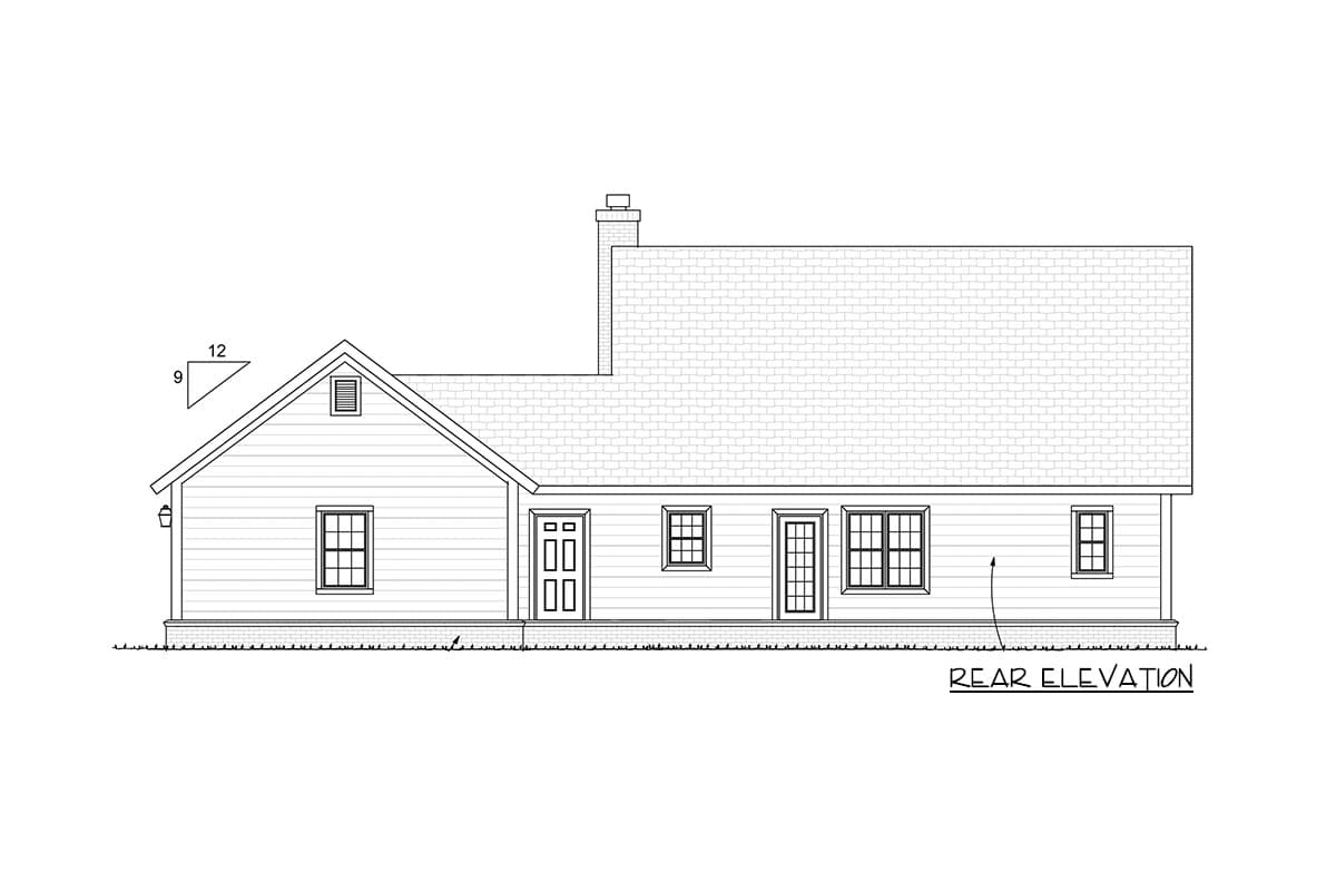 Rear elevation drawing of a one-story house plan with a gable, dormer, chimney, and multiple windows.