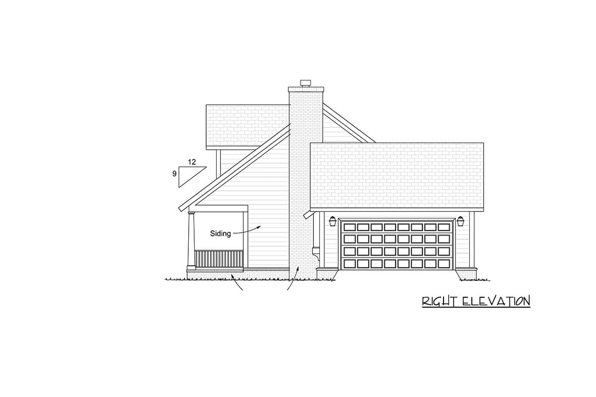 Right elevation of a house plan showing a side entrance, brick chimney, and two-car garage with a paneled door.