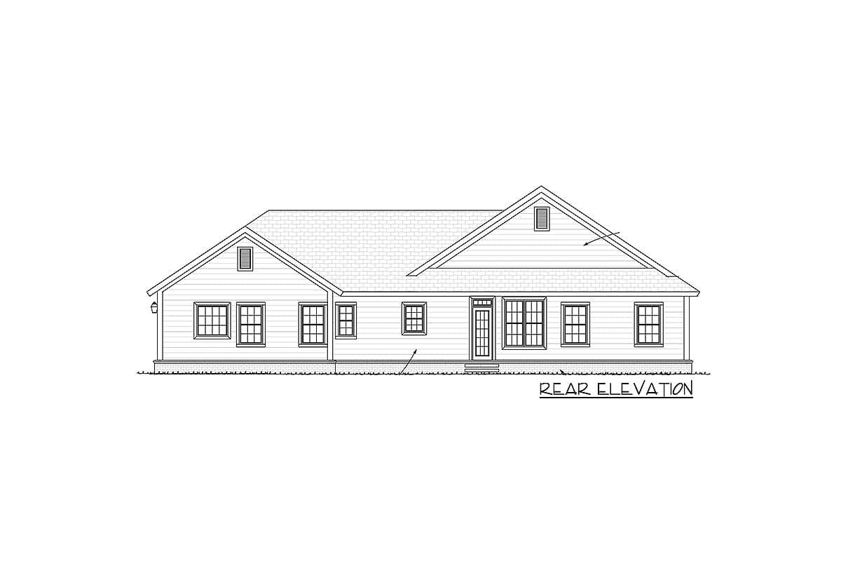 Rear elevation drawing of a single-story house with a prominent gable, multiple windows, and a central entry.
