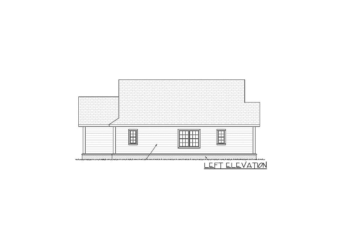 Left elevation house plan drawing showing a single-story structure with a hip roof, siding, and three windows.