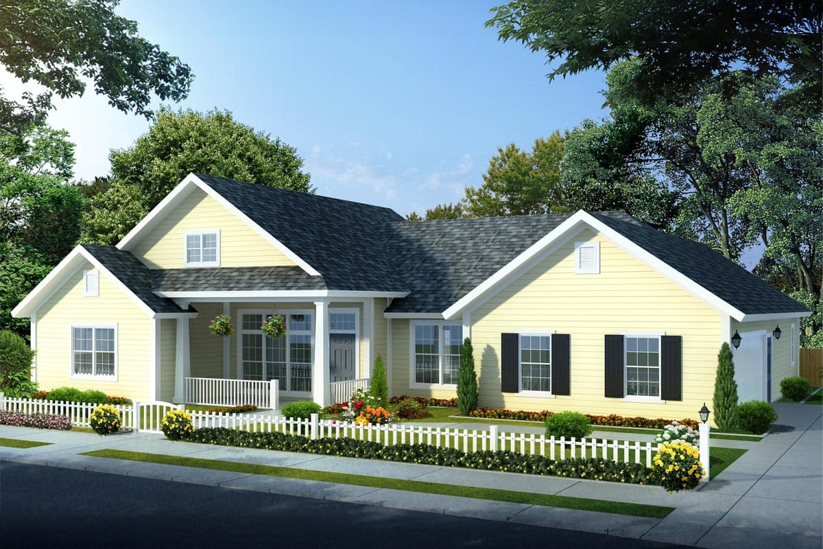 House plan exterior of a single-story ranch with a covered front porch, multiple gables, and an attached garage.