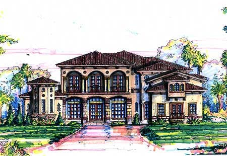 House plan exterior: two-story Mediterranean style with arched windows, balconies, and a tiled roof.