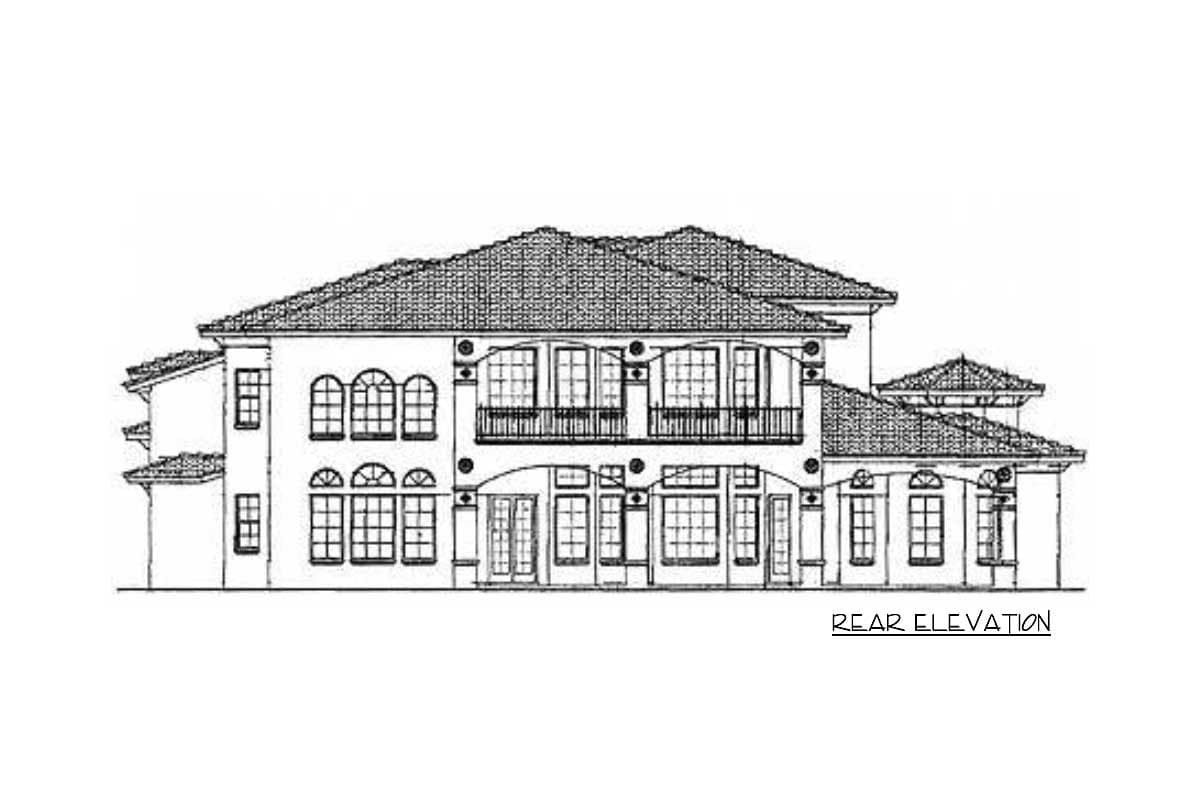 Rear elevation drawing of a two-story house with a tiled roof, arched windows, and a second-story balcony.