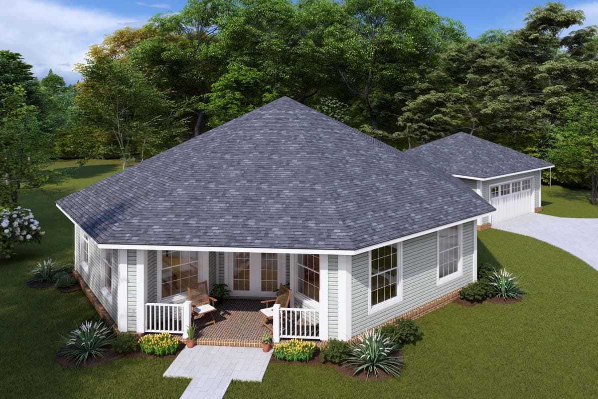 House plan exterior: One-story Modern Farmhouse with hip roof, front porch, gables, and detached two-car garage.