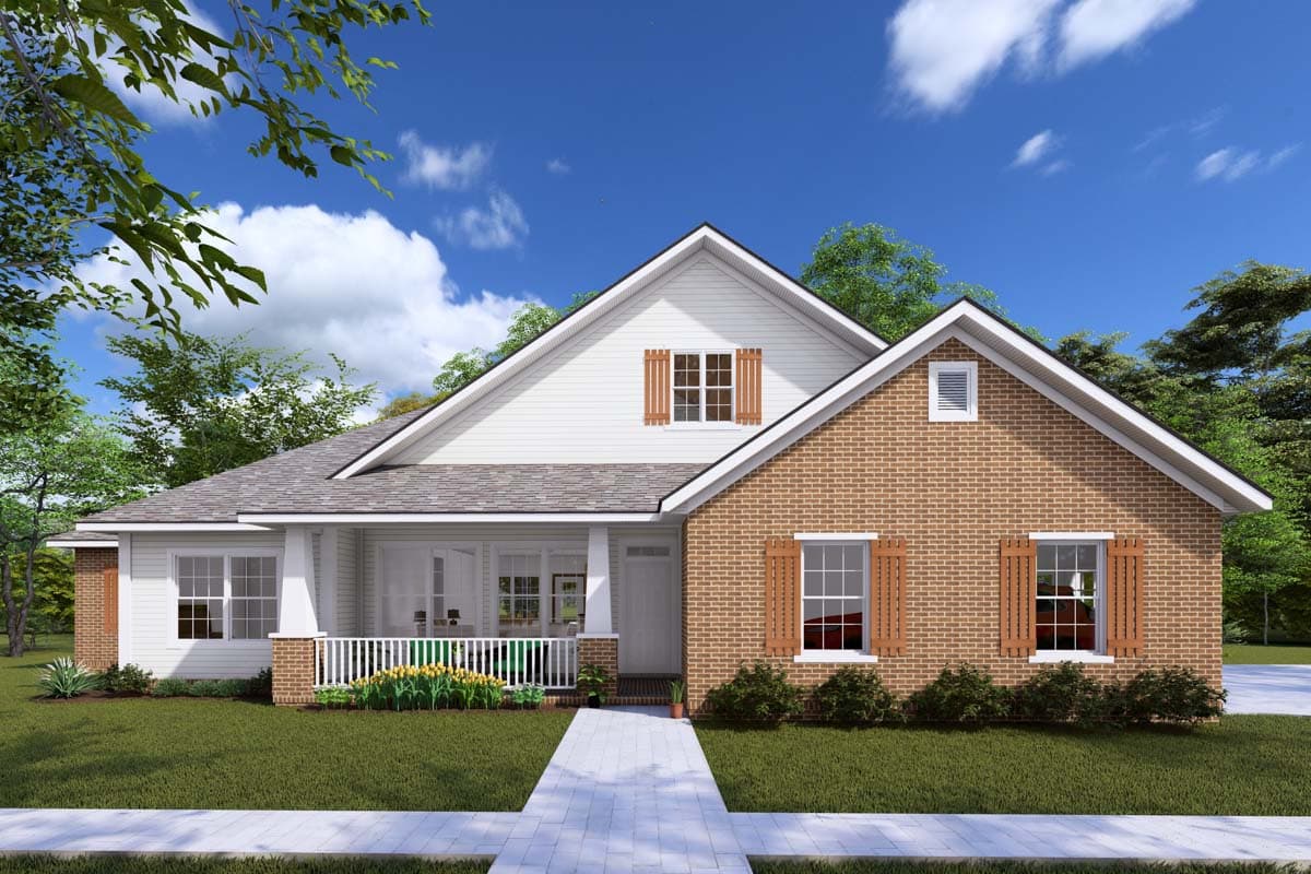 House plan exterior: One-story home with brick and siding, prominent gable, and wraparound porch.