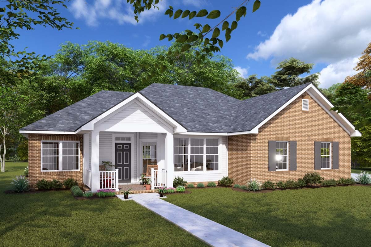 House plan exterior: One-story Ranch style with brick front, gabled entry porch, and multiple window banks.