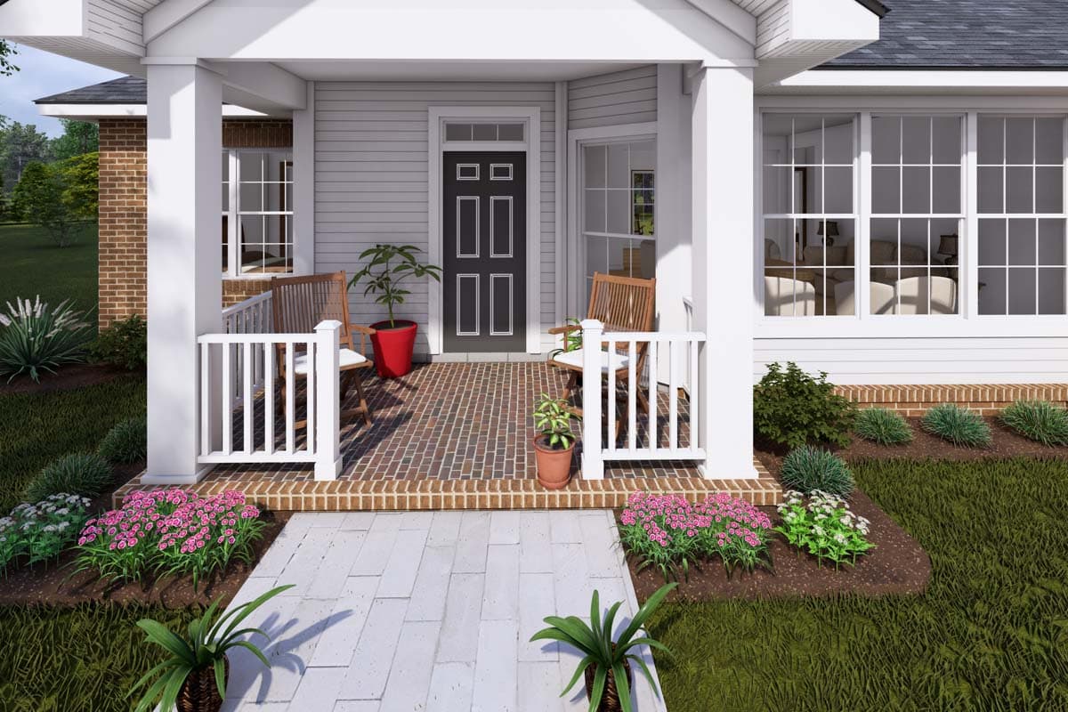 House plan exterior with a covered porch, white railings, double front door, and large grid windows.