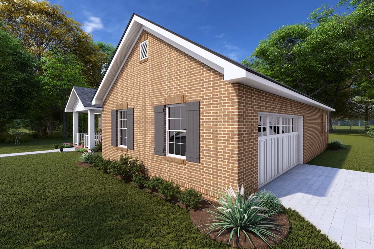House plan exterior featuring brick facade, gabled roof, two windows with shutters, and a side-entry garage.