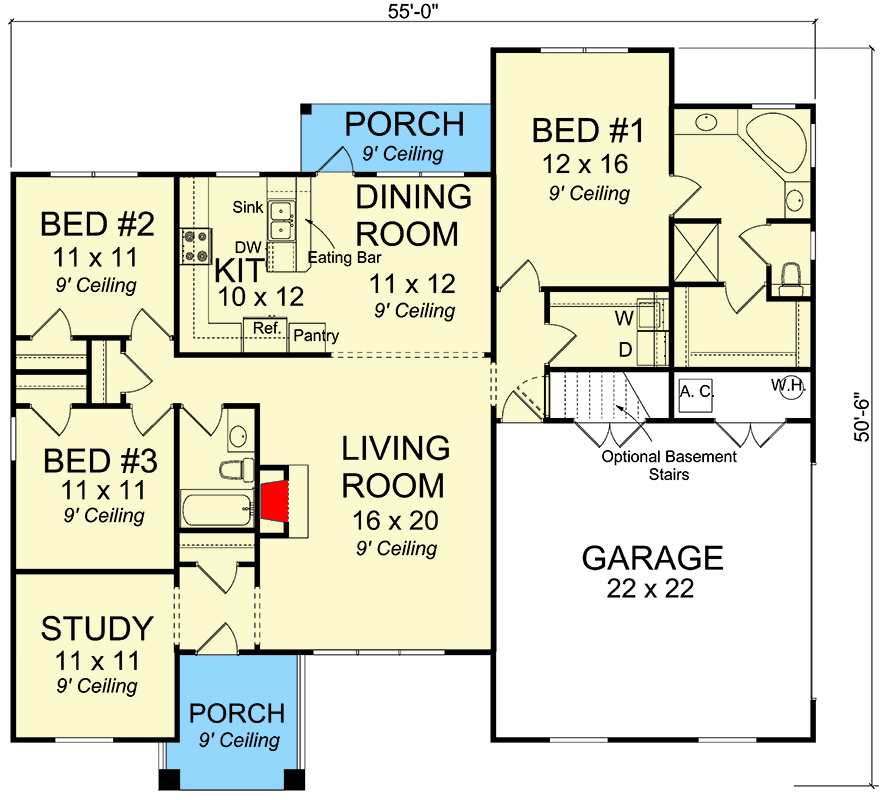 Plan 42270WM: Split Bedrooms with Study - Floor Plan - Main Level - Craftsman