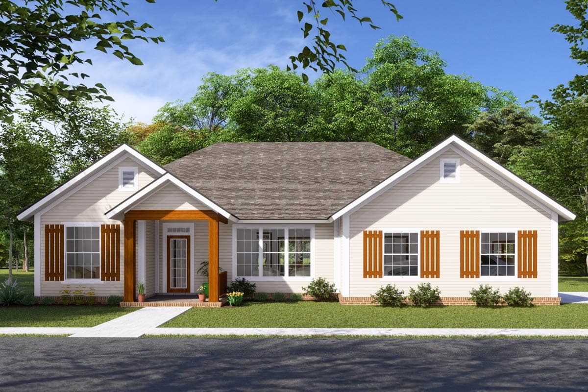 Ranch style house plan exterior with a prominent gabled entrance, wood post supports, and multiple gabled dormers.