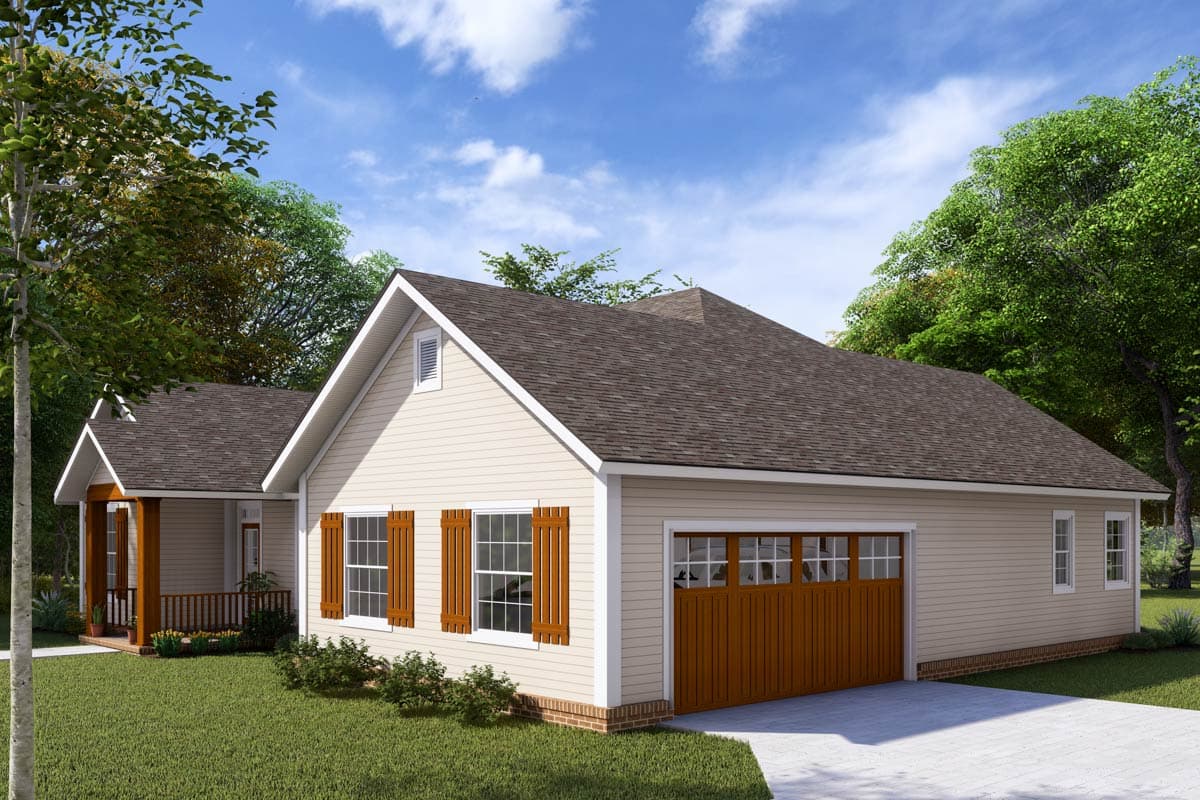 House plan exterior: single-story home with gable roof, covered front porch, siding, and attached garage.