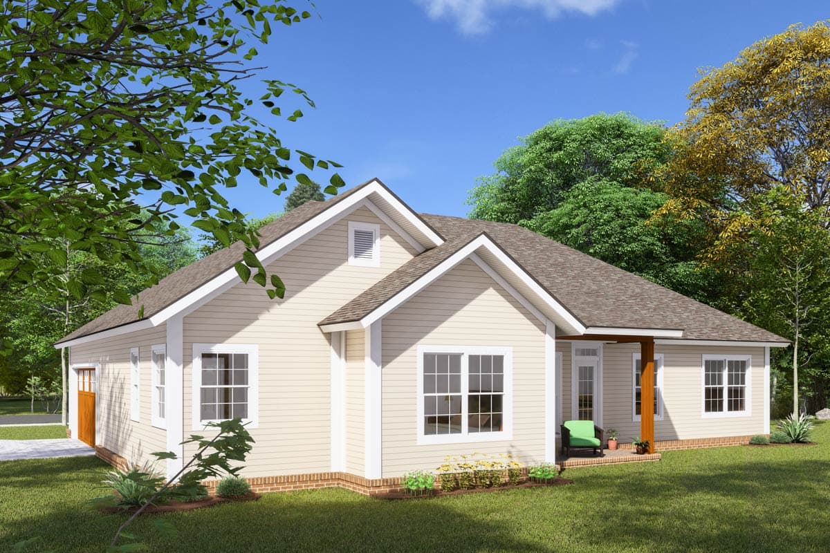 One-story house plan exterior with a side-entry garage, gabled dormer, and covered porch with wood post.