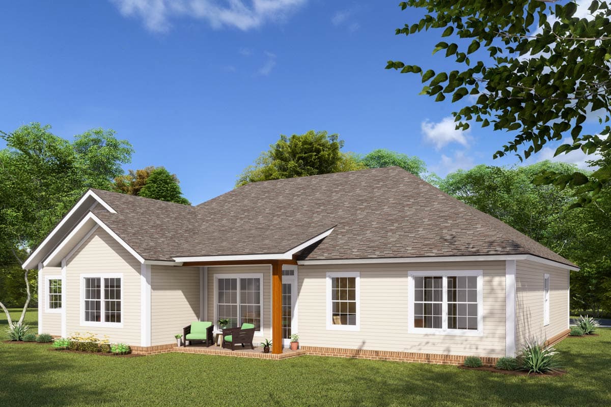 One-story house plan exterior with a gable roof, a covered porch, and multiple windows.