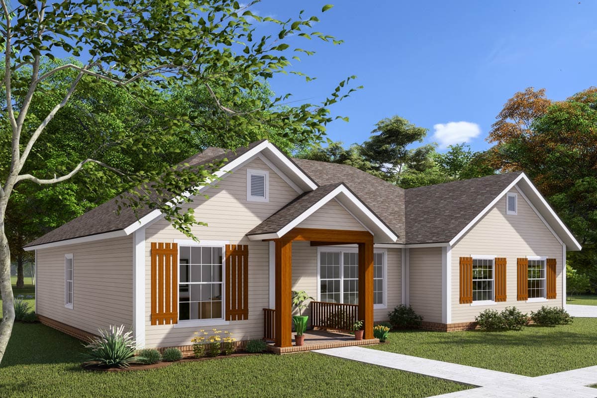 House plan exterior: Single-story Modern Farmhouse with prominent gables, a covered front porch with timber posts, and decorative shutters.