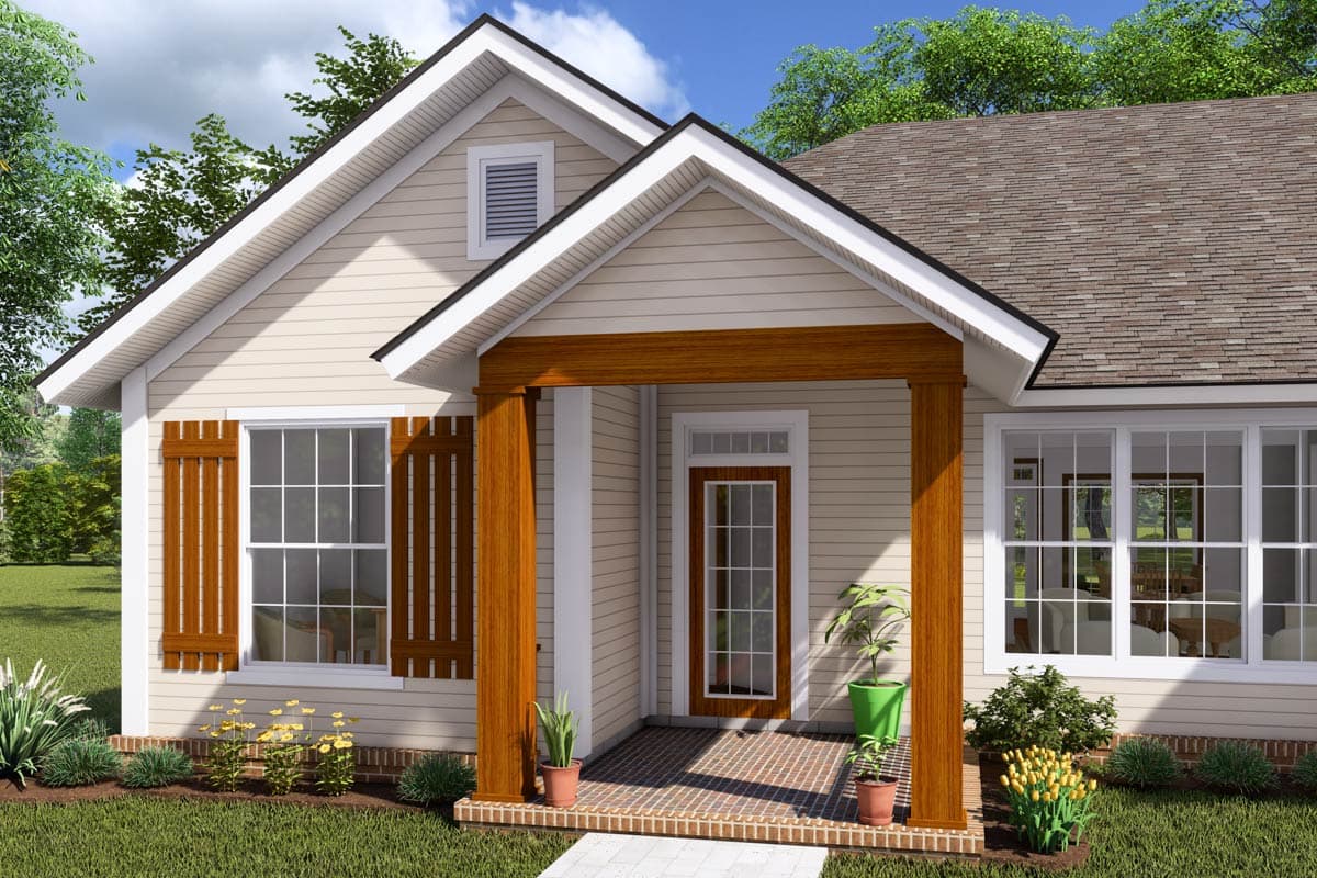 House plan exterior: Gable roof, covered entry with timber posts, single dormer, and shutters on windows.