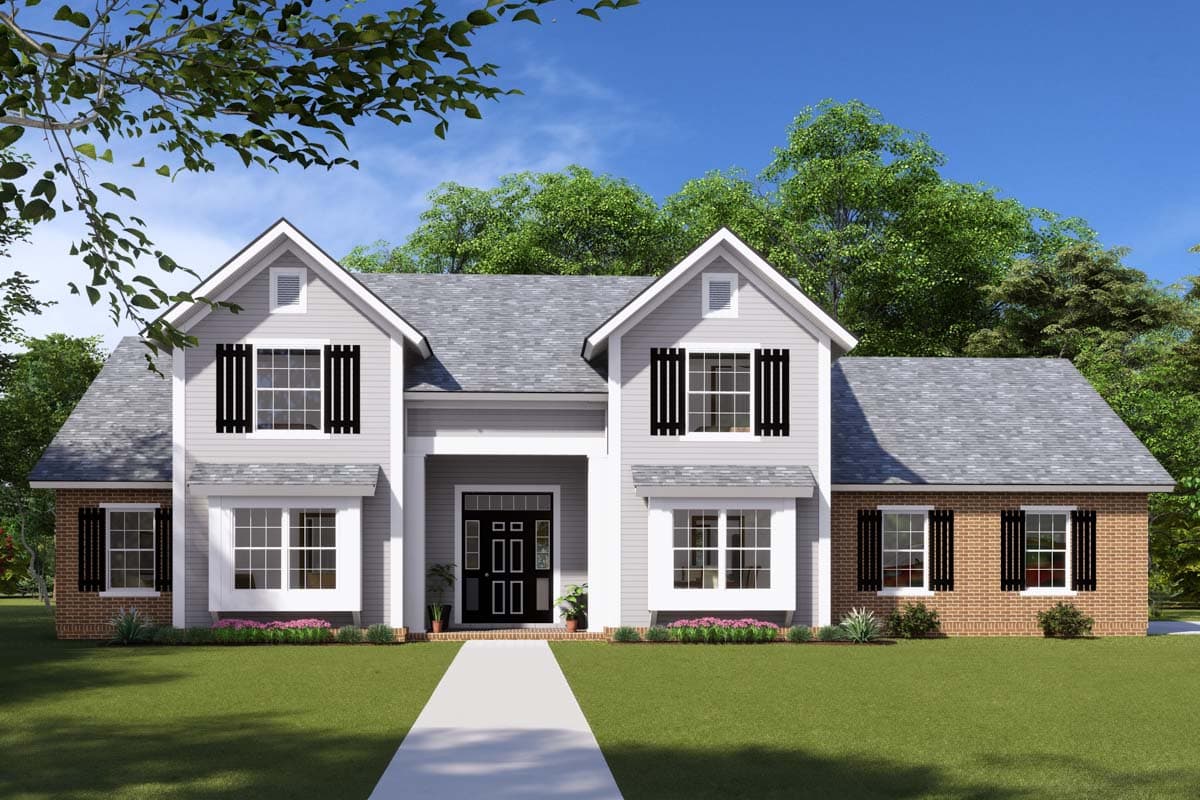 House plan exterior: two-story home with central gable, covered porch entry, brick accents, and black shutters.