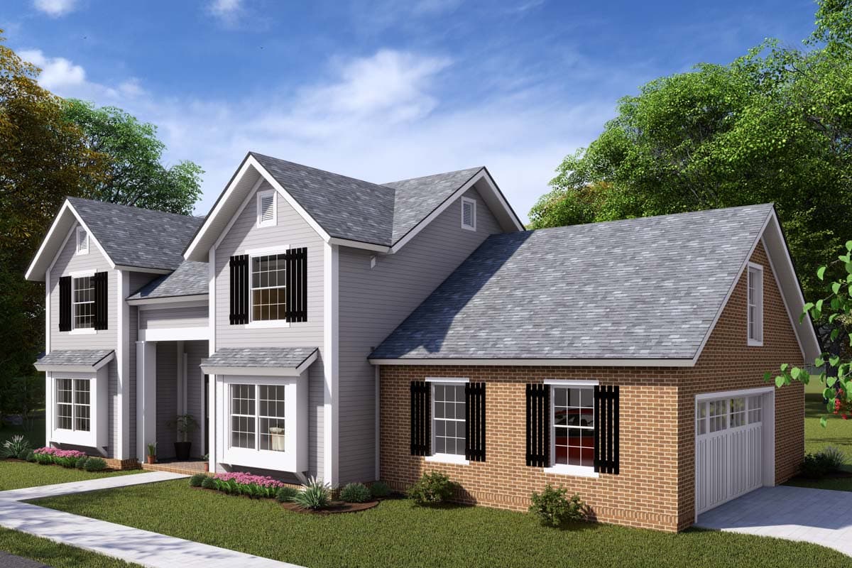 House plan exterior: Two-story house with gabled dormers, bay windows, covered entryway, and attached brick garage.