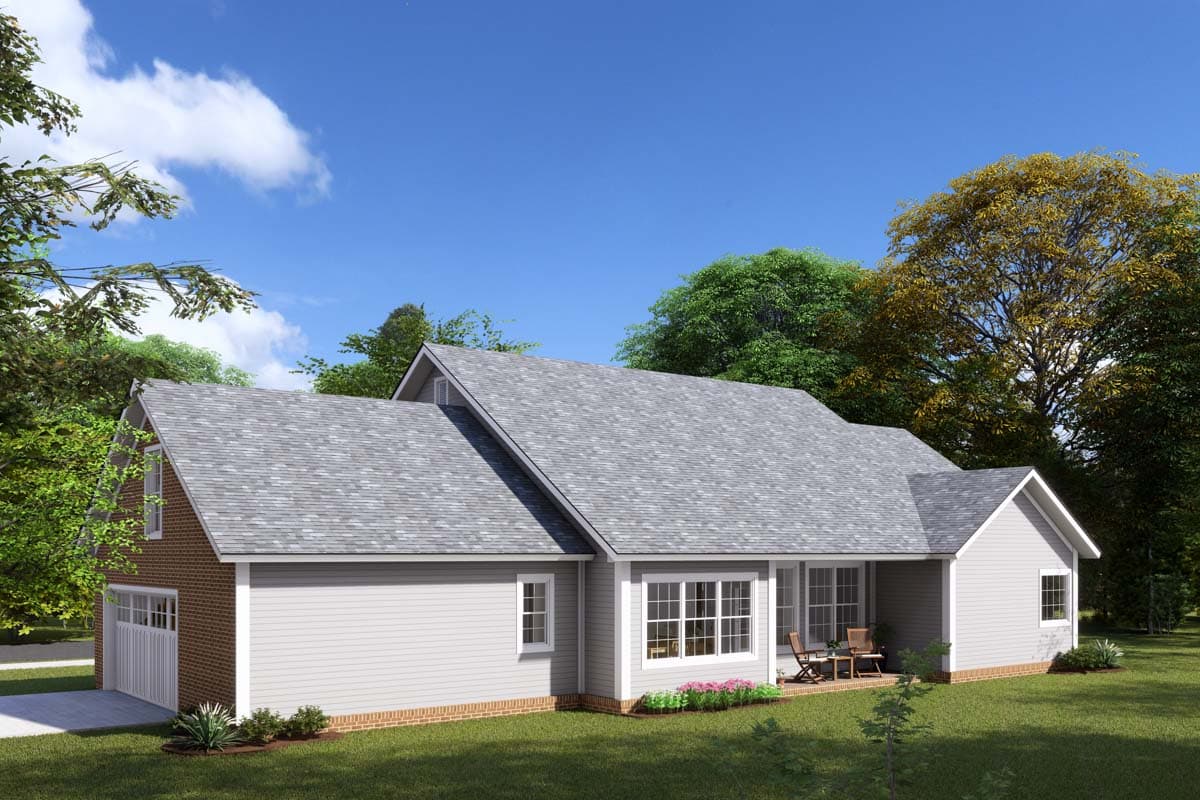 House plan exterior: Single-story home with gable roof, side-facing garage, and covered patio.