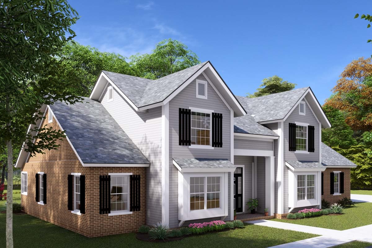 Two-story house plan exterior with gabled dormers, bay window, brick and siding facade, and black shutters.