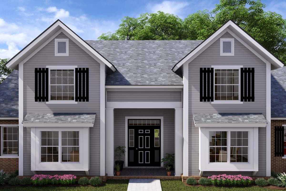 Two-story house plan exterior with gabled dormers, bay windows, and a covered entry with a black front door.