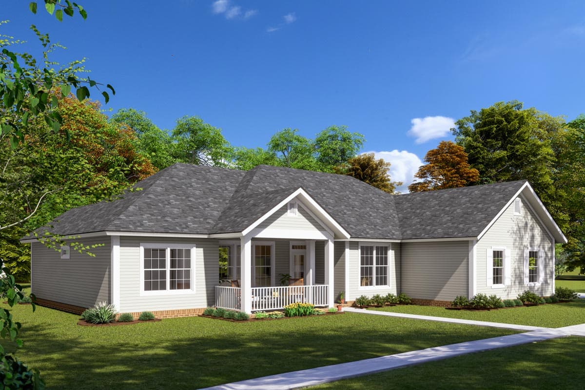 House plan exterior. Ranch style with a front porch, gables, and a prominent roofline. Single story home with symmetrical window placement.