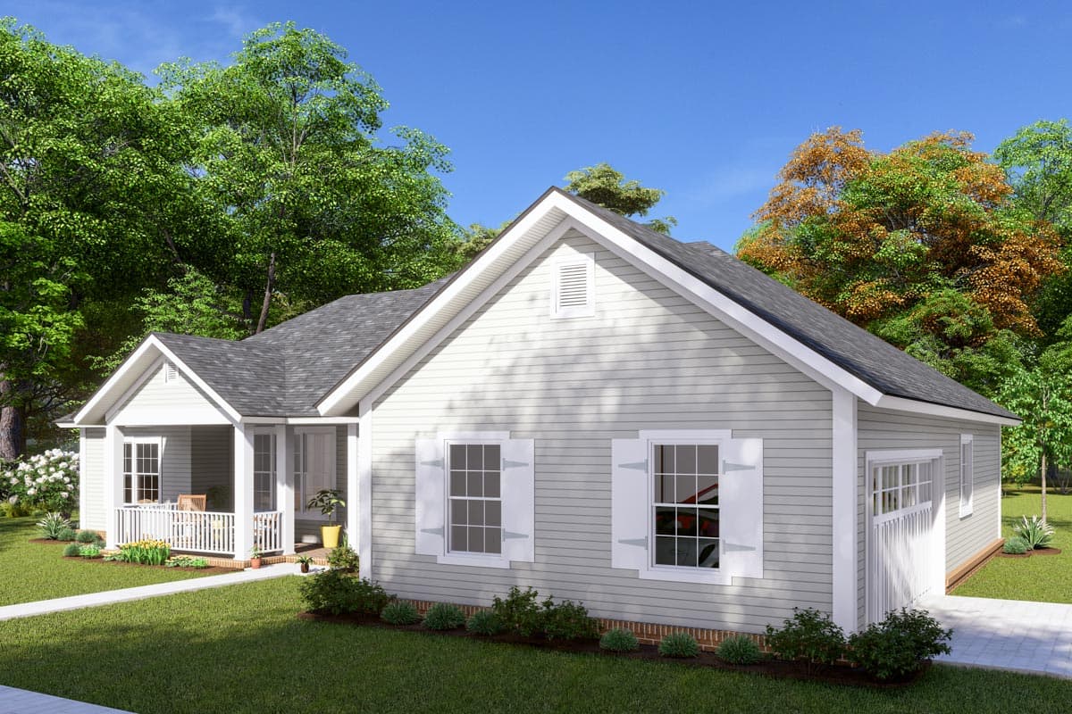 House plan exterior: single-story Modern Farmhouse with a gabled front porch, vinyl siding, and a side-entry garage.