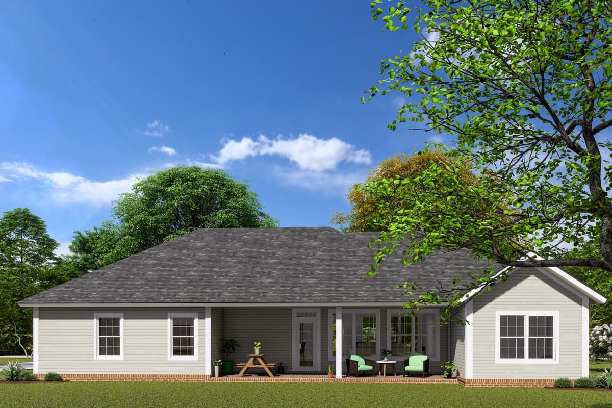 House plan exterior: One-story dwelling with a gabled front, porch, and multiple windows.