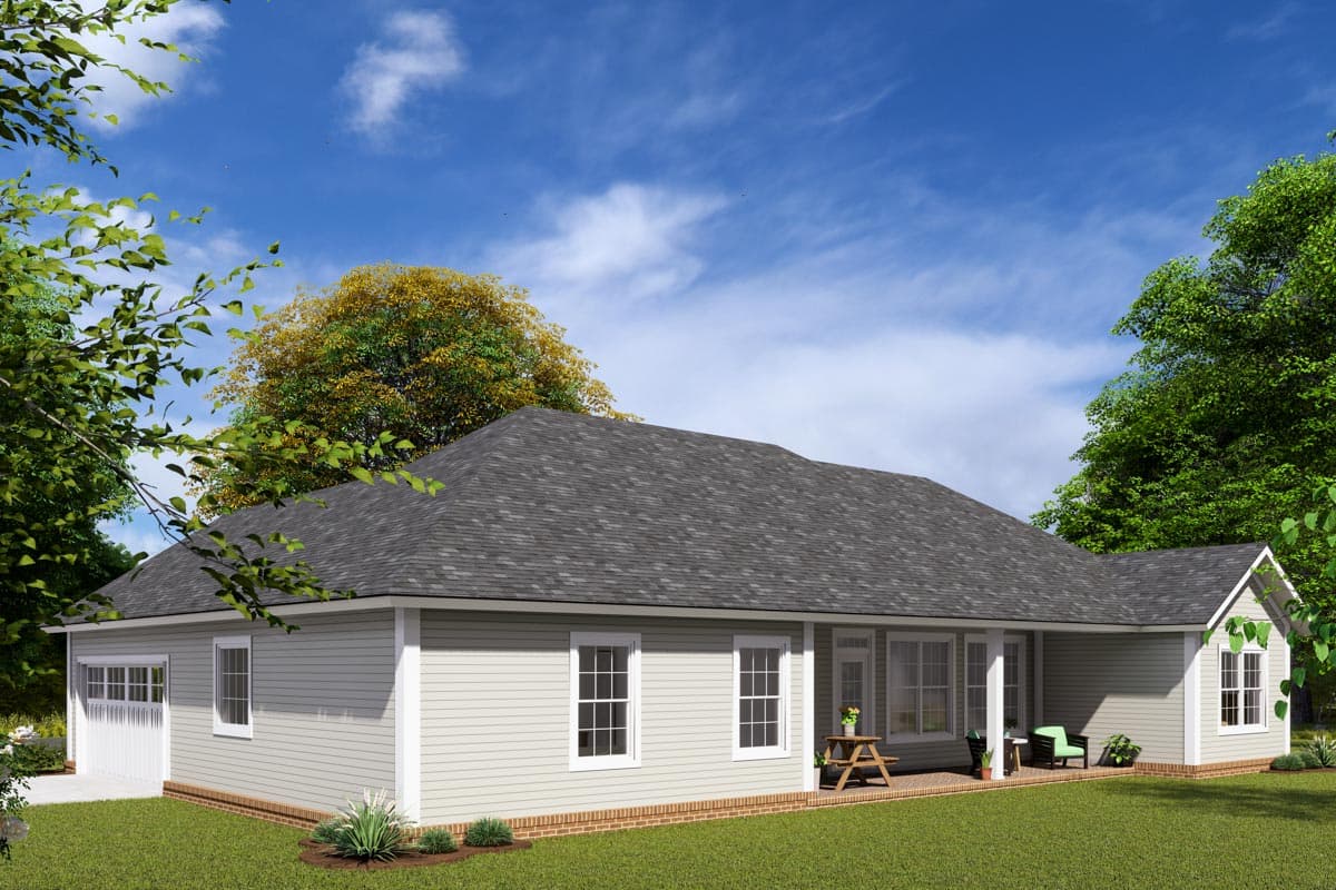 House plan exterior: one-story Ranch with a side-entry garage, asphalt shingle roof, and covered rear patio.