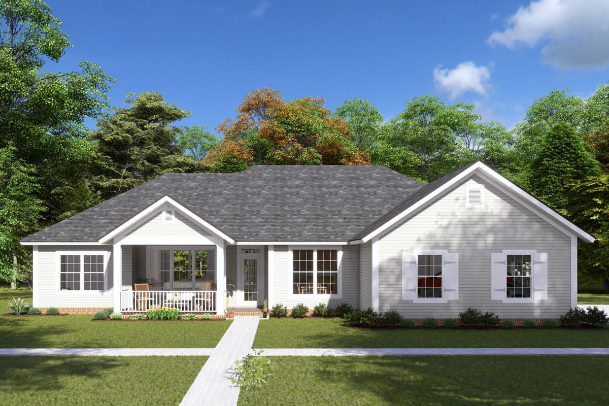 House plan exterior of a one-story home with a covered front porch, gable dormer, and double-hung windows with shutters.