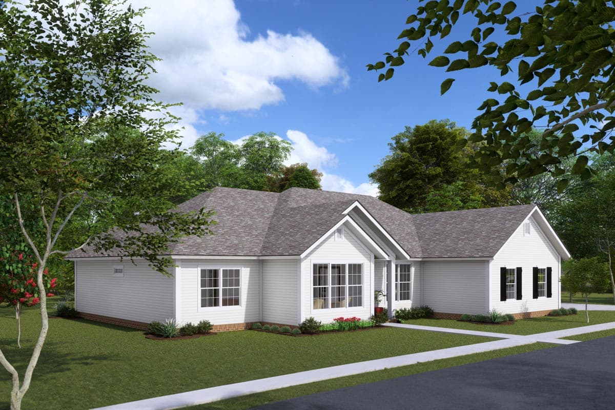 House plan exterior of a single-story Modern Farmhouse with a gable roof, large windows, and a prominent front-facing gable over the entrance.