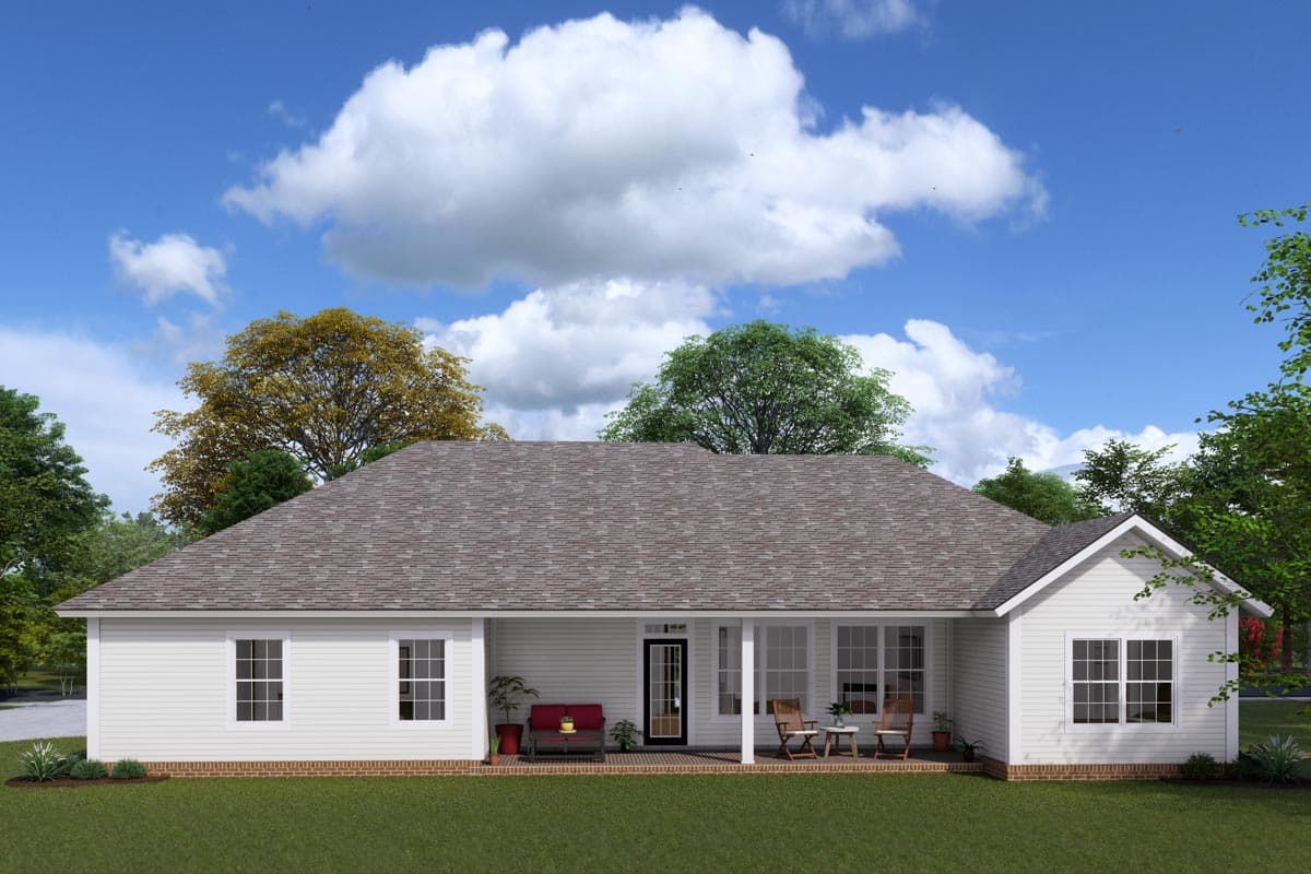 Ranch style house plan exterior with a covered porch, gabled roof, and multiple windows.