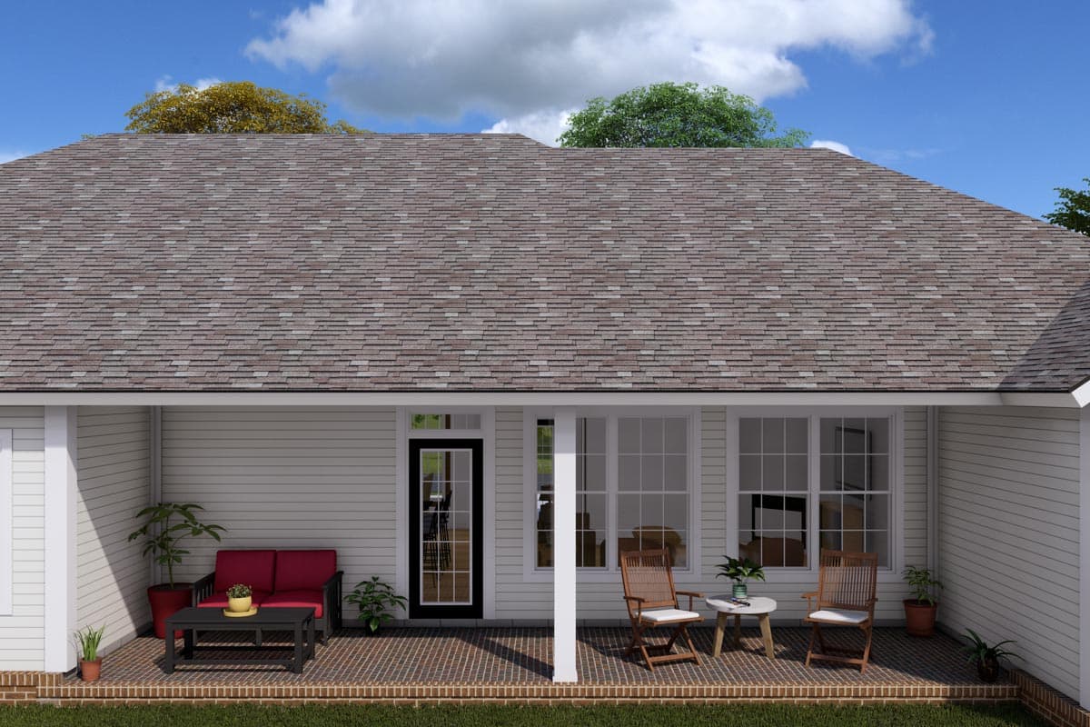 House plan exterior showing a covered porch with seating, French door, and large windows.