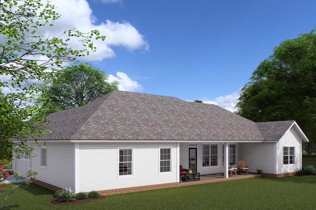 House plan exterior of a one-story home with white siding, a covered porch, and multiple gables.