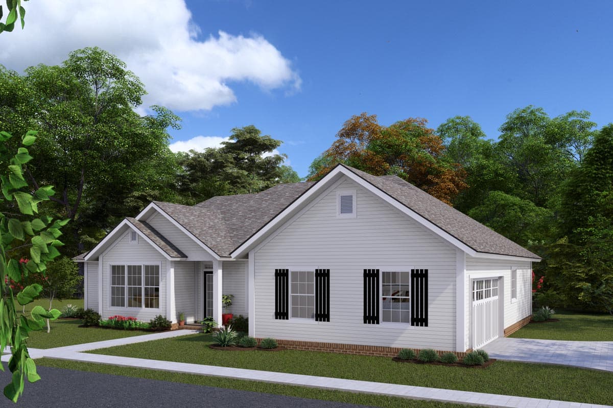House plan exterior: Ranch style, white siding, prominent gables, front-facing garage with carriage doors, and covered entry.