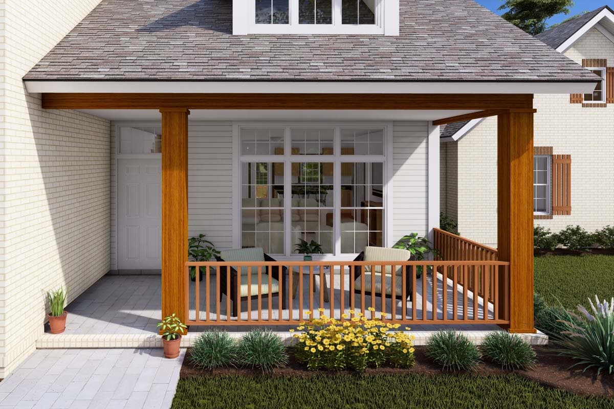 House plan exterior showing a covered porch with wooden posts, railing, and multiple windows, with a dormer above.