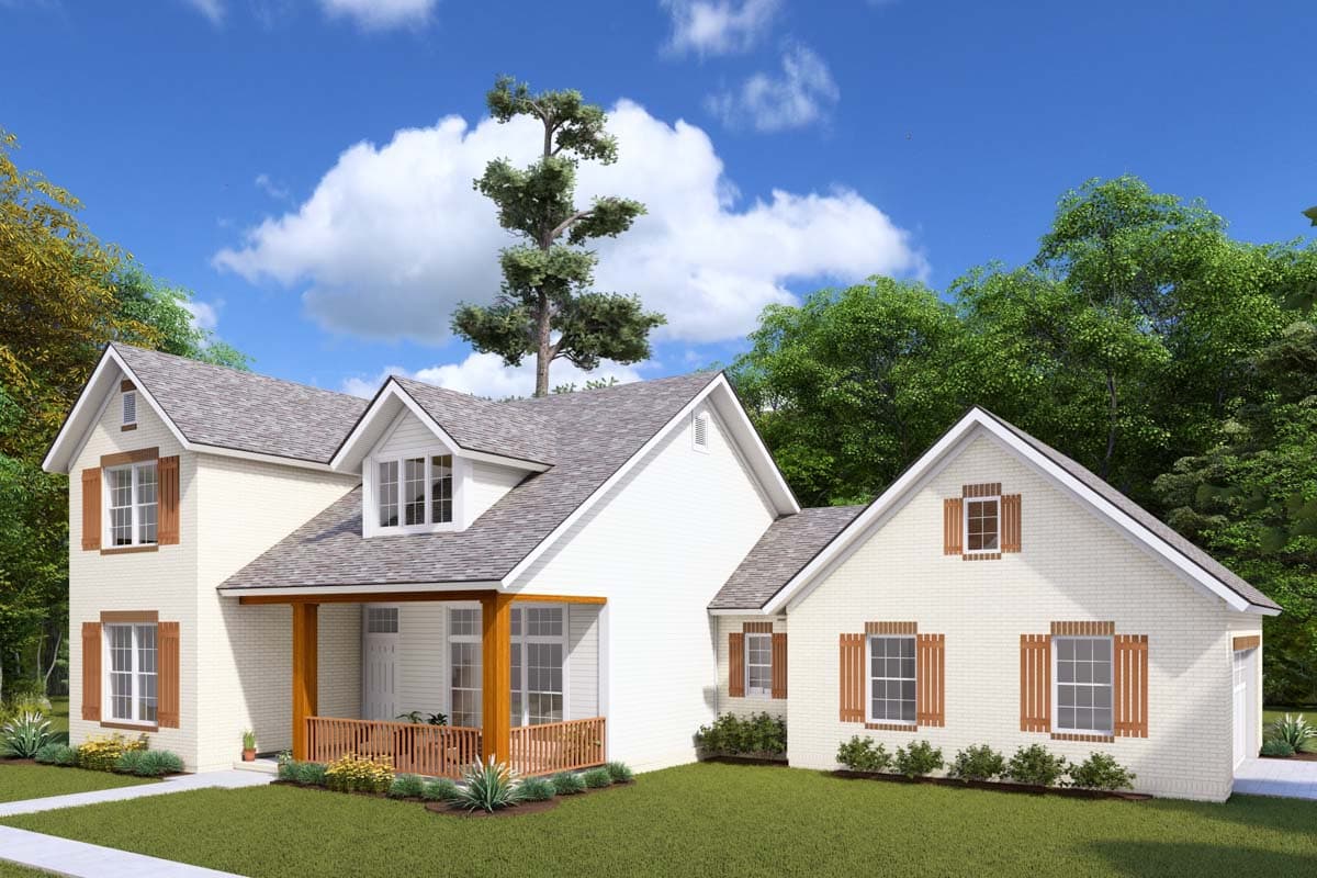 House plan exterior: Two-story dwelling with gabled dormers, a covered porch with timber posts, and brick and siding finishes.