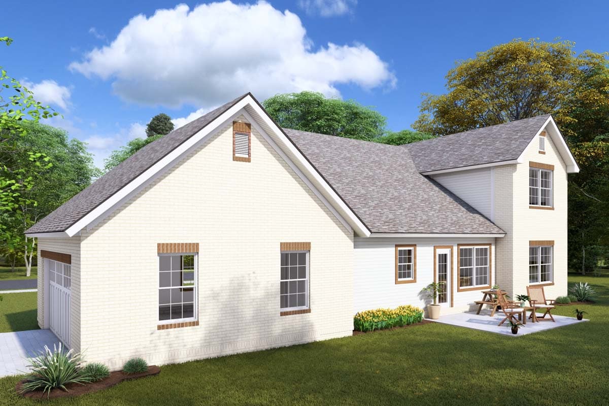 House plan exterior: Modern Farmhouse style, two stories, white brick, gables with louvers, and attached garage.