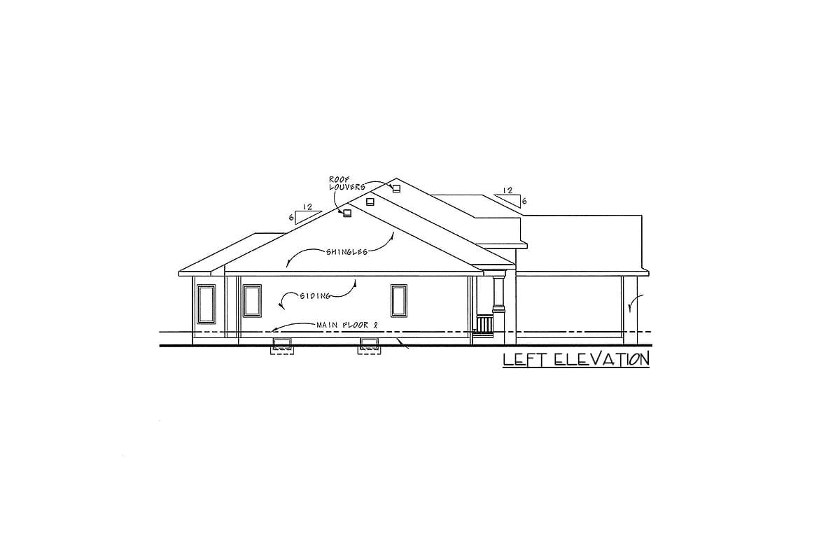 Left elevation house plan showing siding, roof louvers, shingles, and a porch with columns.
