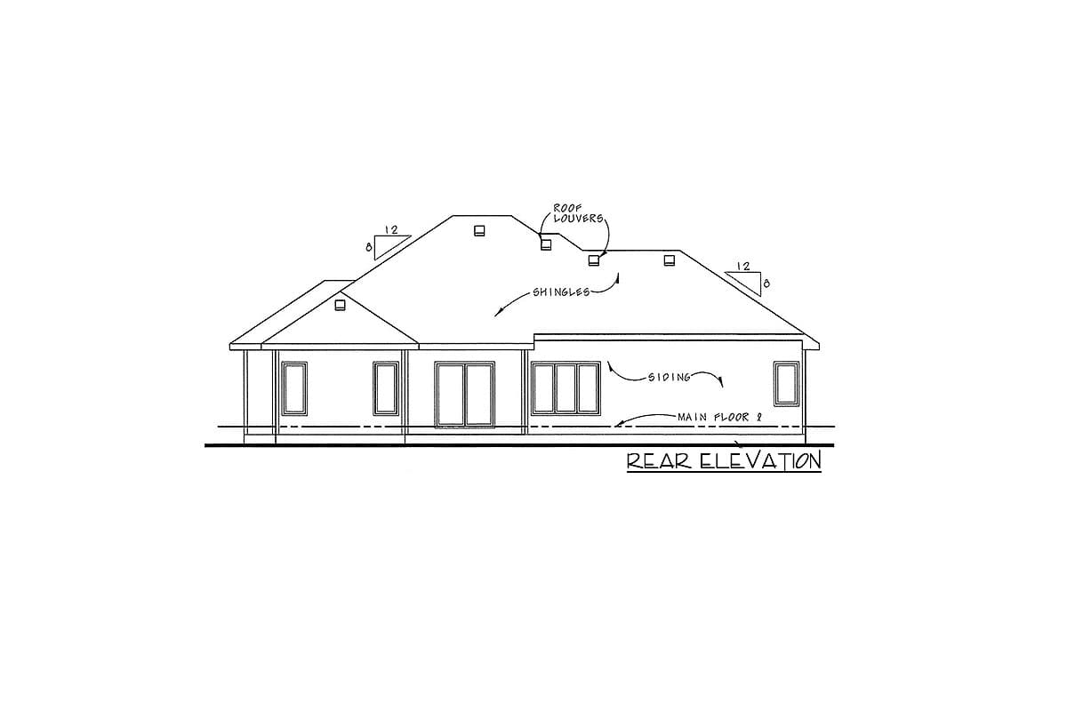 Rear elevation drawing of a house plan, showing siding, shingles, roof louvers, and main floor level.