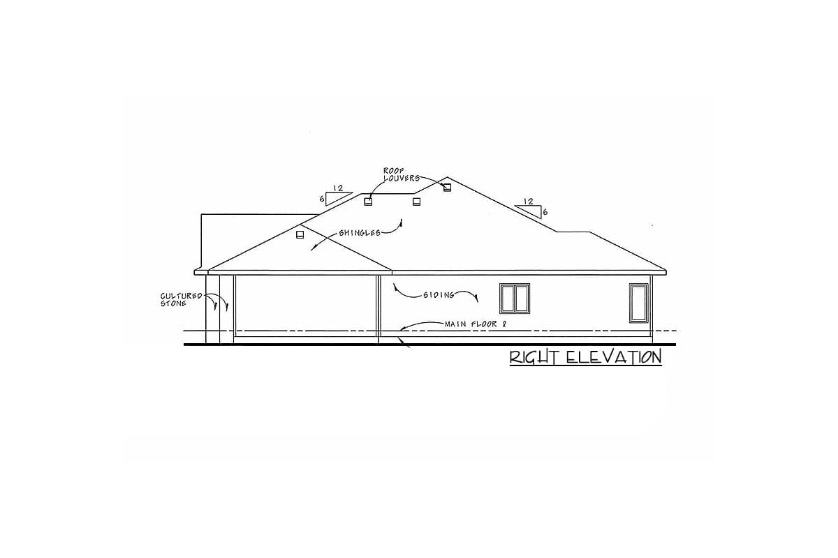 Right elevation house plan drawing showing cultured stone accents, siding, shingles, roof louvers, and two windows.