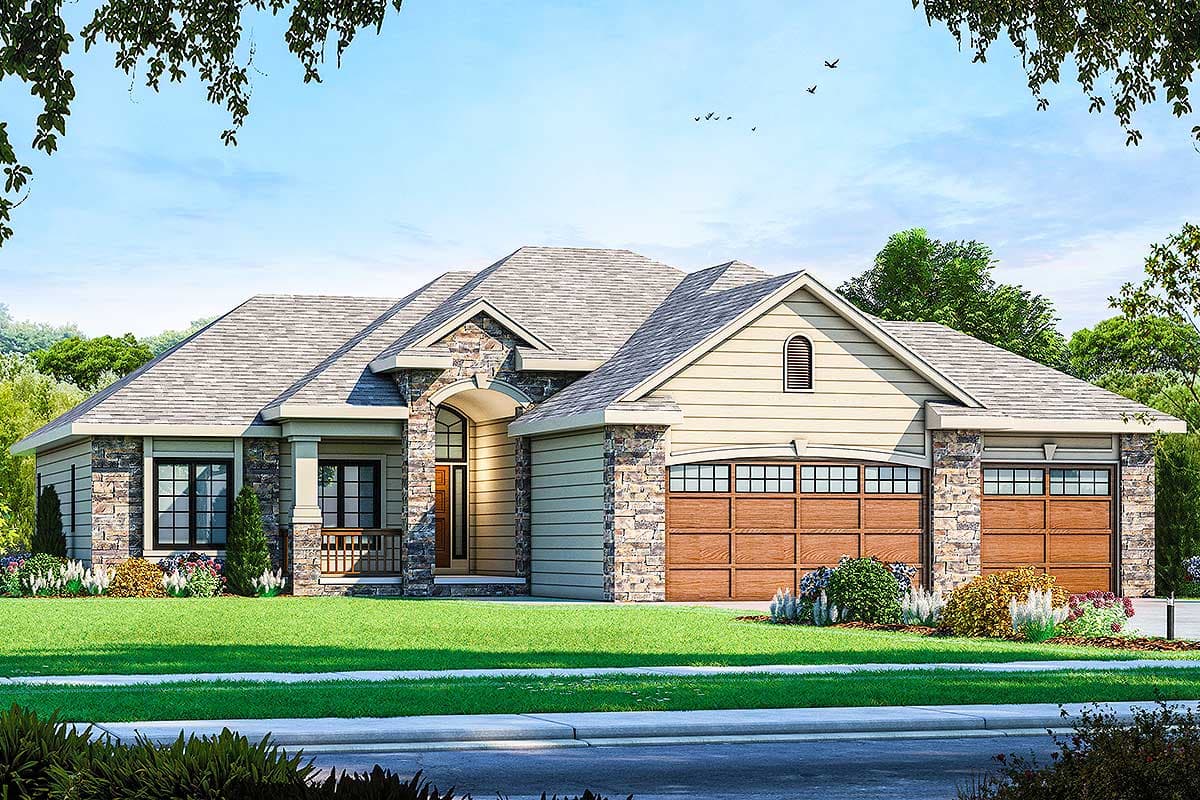 House plan exterior. Ranch style with stone accents, a covered front entry, and a two-car garage with carriage-style doors.