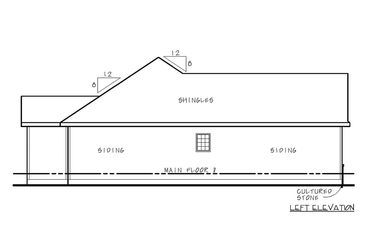 Left elevation drawing of a house plan showing siding, shingles, a window, and cultured stone accents on the foundation.