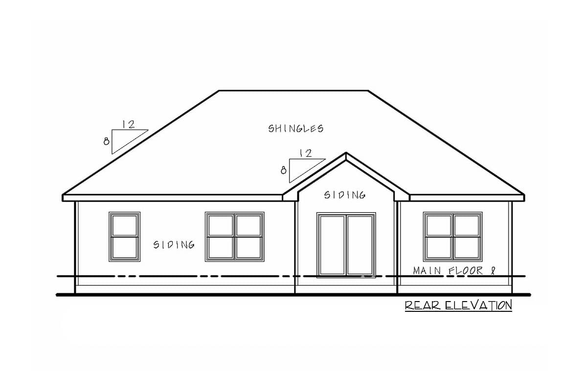 Rear elevation house plan showing a one-story structure with siding, three windows, and double doors.