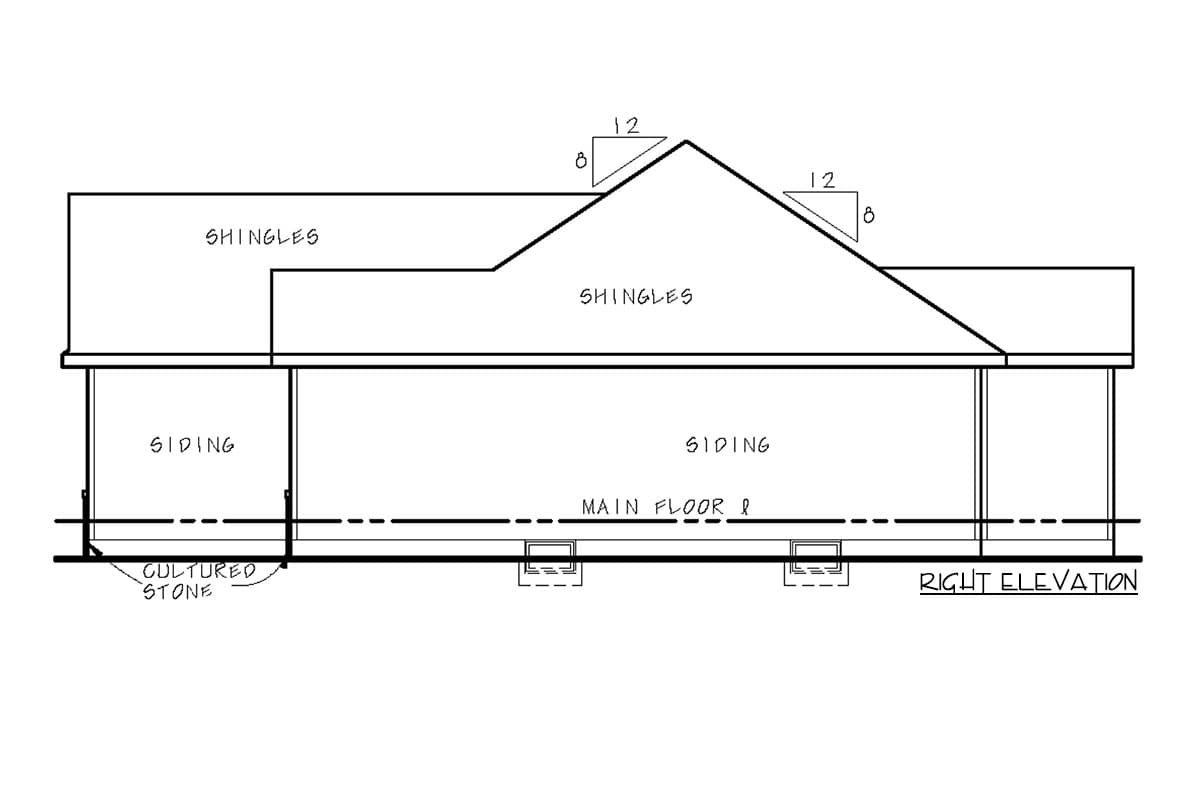 Right elevation of a house plan showing shingles, siding, cultured stone base, and roof pitches.