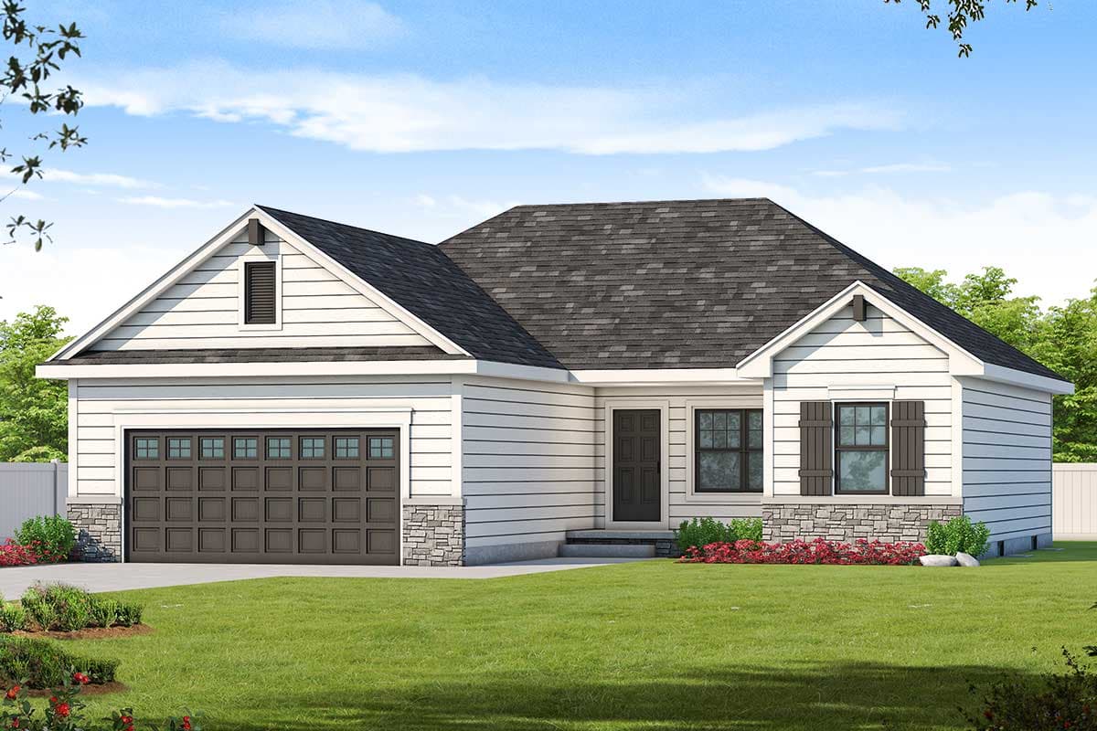 House plan exterior: Single-story Modern Farmhouse with attached garage, gable vents, stone accents and dark shutters.