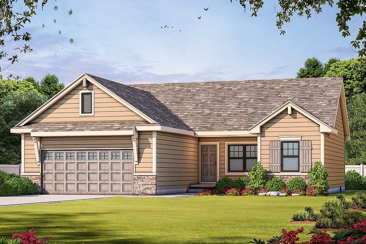 House plan exterior: Single-story Modern Farmhouse with attached garage, gables, dormer window, and stone accent base.