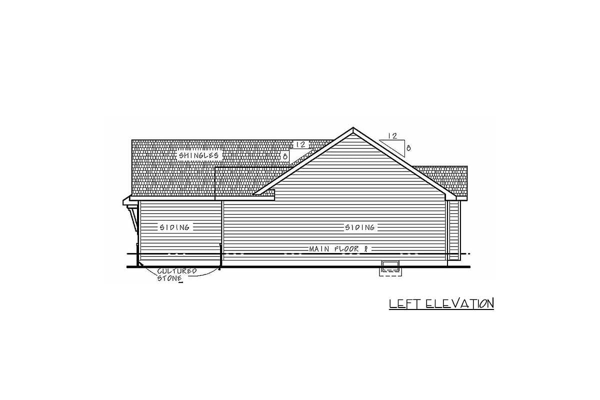 Left elevation house plan showing siding, shingles, cultured stone accent, and main floor line.