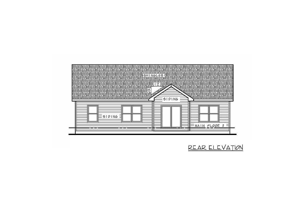Rear elevation drawing of a house plan with siding, multiple windows, and double doors.